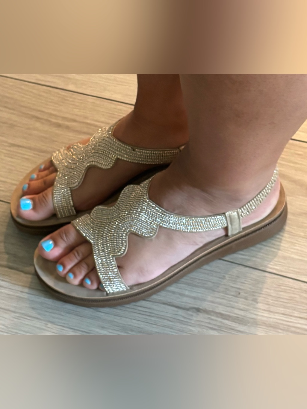 Sparkling Gold Beaded Women's T-Strap Sandals